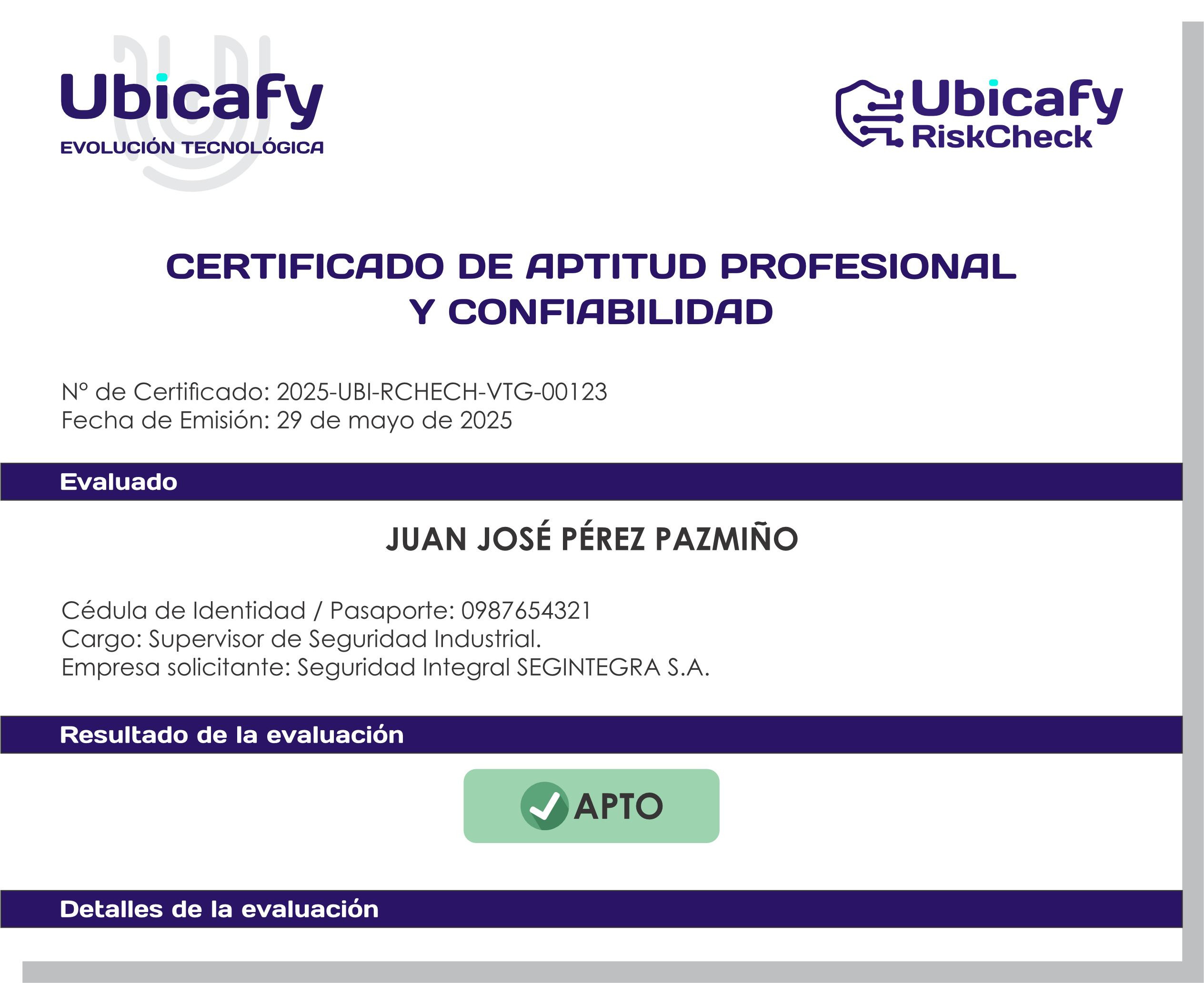 Certificado Ubicafy RiskCheck Ejemplo